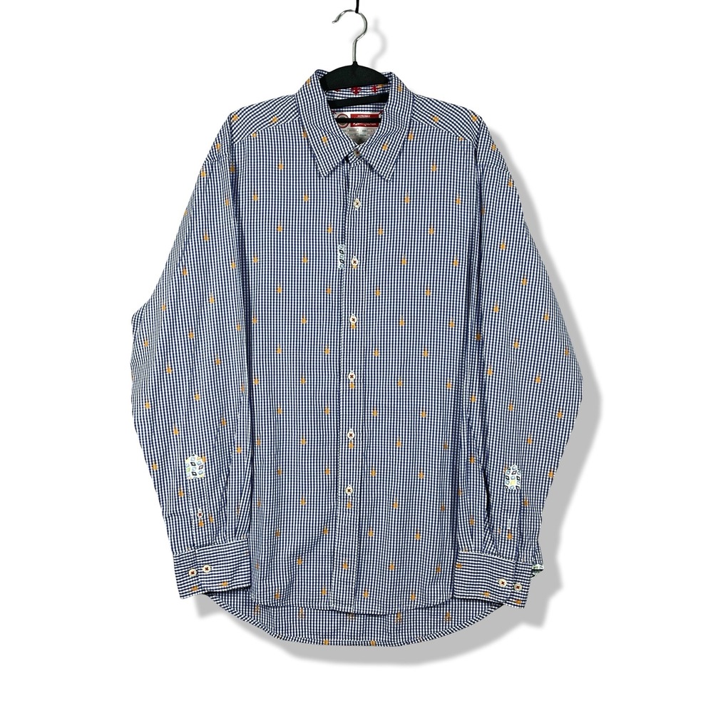 Robert Graham Button Down Shirt Mens Large Blue Gingham Guitar Preppy Eclectic